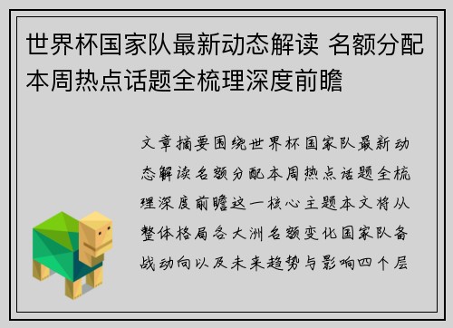 世界杯国家队最新动态解读 名额分配本周热点话题全梳理深度前瞻