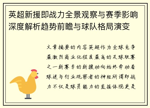 英超新援即战力全景观察与赛季影响深度解析趋势前瞻与球队格局演变